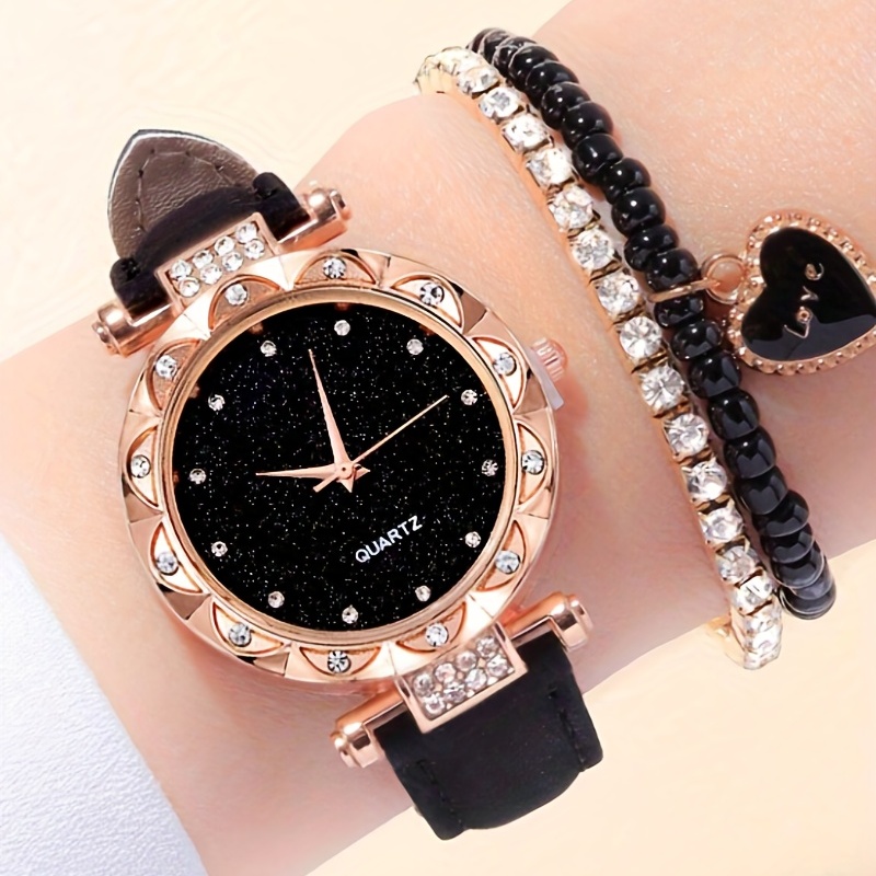 Luxury Watch Gift For Her - ساعة يد كوارتز أنيقة مزينة بالنجوم،